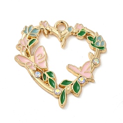 Pink Alloy Enamel Pendants, with Rhinestone, Heart with Flower & Butterfly Charm, Golden, Pink, 25x24x2mm, Hole: 1.8mm