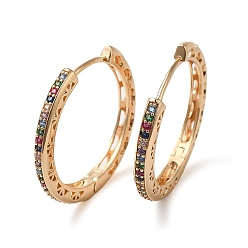 Light Gold Brass Micro Pave Colorful Cubic Zirconia Hoop Earrings for Women, Hollow Leaf, Light Gold, 28x3mm