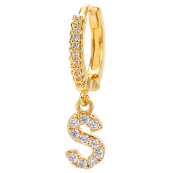 Letter S Clear Cubic Zirconia Initial Letter Dangle Hoop Earrings, Golden Brass Jewelry for Women, Letter.S, 22mm
