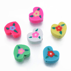 Mixed Color Handmade Polymer Clay Beads, Heart with Flower, Mixed Color, 9~9.5x10~10.5x4.5~5mm, Hole: 1.6mm