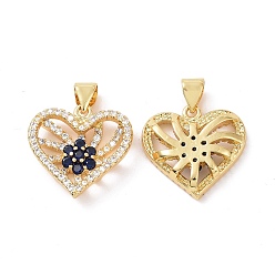 Blue Brass Micro Pave Cubic Zirconia Pendants, Real 18K Gold Plated, Hollow Heart with Flower Charm, Blue, 17.5x18x4mm, Hole: 3.5x4mm