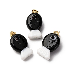 Черный Подвески лэмпворк ручной работы, рыбы прелести, с реечной накладкой из латуни с золотистым напылением, долговечный, чёрные, 23~23.5x12~13x8~10 мм, отверстие : 4.4x3.8 мм