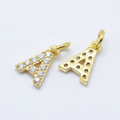 Real 18K Gold Plated Brass Micro Pave Grade AAA Cubic Zirconia Charms, Letter A, Cadmium Free & Nickel Free & Lead Free, Real 18K Gold Plated, 8.5x6x1.5mm, Hole: 2mm