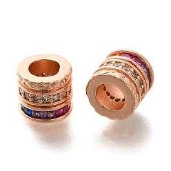 Розовое Золото Реечное покрытие латунь микро паве кубический цирконий европейские бусины, бусины с большим отверстием, долговечный, без свинца и без кадмия, колонка, розовое золото , 10x9 мм, отверстие : 5.5 мм