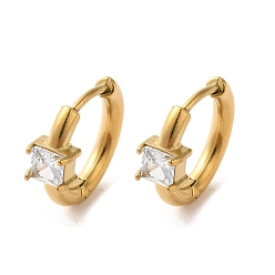 Square Golden 304 Stainless Steel Hoop Earrings, with Cubic Zirconia, Square, 15x5.5x16.5mm