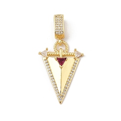 Фуксин Латунь микро проложить кубический цирконий европейские подвесные подвески, треугольник прелести, фуксиново-красные, 29x20.5x5 мм, отверстие : 8x5 мм
