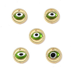 Light Green Handmade Lampwork Evil Eye Pendants, with Real 18K Gold Plated Brass Findings, Lead Free & Cadmium free, Flat Round Charm, Light Green, 14.5x4mm, Hole: 1mm