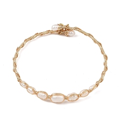 Golden Natural Cultured Freshwater Pearl Rice Graduated Beaded Wire Wrapped Brass Cuff Bangles for Women, White, Golden, Inner Diameter: 2.34 inch(5.95cm)