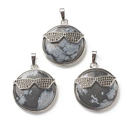 Snowflake Obsidian Natural Snowflake Obsidian Pendants, with Platinum Tone Brass Findings, Flat Round with Glasses, 32~32.5x27.5x9mm, Hole: 6.5x5mm
