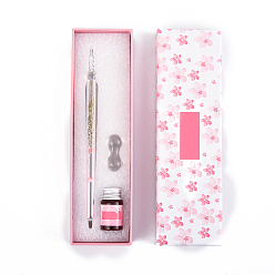 Pink Lampwork Dip Pen & Pen Holder Set, with Dried Flower inside, Ink, Packaging Box, Pink, 170mm