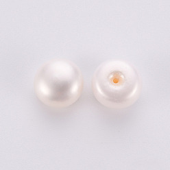 White Grade AAA Natural Cultured Freshwater Pearl Beads, Half Drilled, Flat Round, White, 9~9.5x6.5mm, Half Hole: 1mm