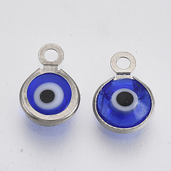 Blue Handmade Lampwork Charms, with 304 Stainless Steel Findings, Flat Round with Evil Eye, Blue, 9.5x6.5x2.5mm, Hole: 1.5mm