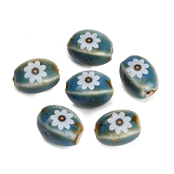 Bleu Acier Perles de porcelaine à la main imprimés, ovale avec des fleurs, bleu acier, 13~13.5x9x8.5~9mm, Trou: 2.5mm