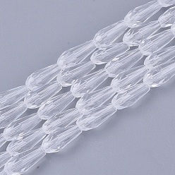 Clear Transparent Glass Beads Strands, Faceted, Teardrop, Clear, 9~10x4mm, Hole: 1mm, about 72pcs/Strand, 26.38~27.17 inch(67~69cm)