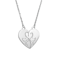 Swan Stainless Steel Heart Pendant Necklaces, Valentine's Day Necklace Gift for Men Women, Swan Pattern, 17-3/4 inch(45cm)