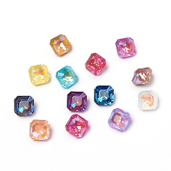 Mixed Color Glass Rhinestone Cabochons, Mocha Fluorescent Style, Pointed Back, Faceted, Square, Mixed Color, 10x10x7mm