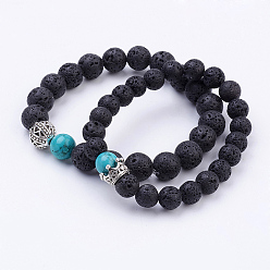 Lava Rock Couples Natural Lava Rock Stretch Bracelets, with Alloy Findings, 2 inch~2-1/8 inch(51~55mm), 2strands/set