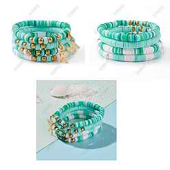 (52) Непрозрачная лаванда 15шт. полимерная глина бусины хейши браслеты наборы, штабелируемые браслеты, с круглыми бусинами из латуни, натурального сандалового дерева и лавового камня, а также 304 подвесками из нержавеющей стали, золотые, разноцветные, внутренний диаметр: 2-1/8~2-3/8 дюйм (5.4~5.9 см)