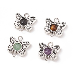 Mixed Stone Tibetan Style Alloy Links Connector, with Natural Stone, Butterfly, 15.5x15.5x4.5mm, Hole: 1.5~2.5mm