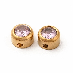 Pink Eco-Friendly 304 Stainless Steel Beads, with Glass, Flat Round, Pink, 6x4mm, Hole: 1.2mm