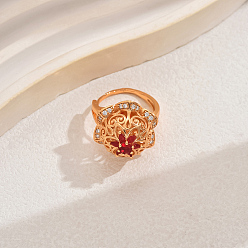 Красный Роскошные винтажные полые цветочные латунные кубические циркониевые регулируемые кольца для женщин, золотые, красные, внутренний диаметр: 16~18 мм