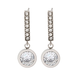 Нержавеющая Сталь Цвет Серьги-гвоздики из нержавеющей стали со стразами и прозрачными кубическими цирконами для женщин, плоско-круглые, цвет нержавеющей стали, 29x9.5 мм