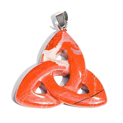 Red Jasper Saint Patrick's Day Natural Red Jasper Pendants, Triquetra Knot Charms with Platinum Plated Metal Snap on Bails, 34x6mm