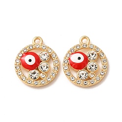Roja Colgantes de la aleación del esmalte, redondo con amuletos de mal de ojo, con diamante de imitación, dorado, chapado en rack, sin cadmio y níque y plomo, rojo, 20x17x3 mm, agujero: 1.7 mm