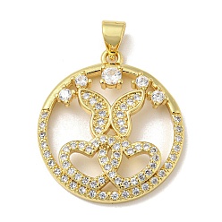 Real 18K Gold Plated Rack Plating Brass Micro Pave Cubic Zirconia Pendants, Long-Lasting Plated, Lead Free & Cadmium Free, Round Ring with Heart and Butterfly Charms, Real 18K Gold Plated, 25x22x4mm, Hole: 5x3mm
