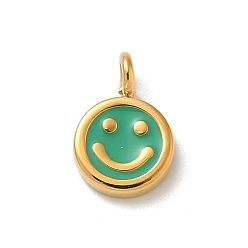 Средний Морско-зеленый Ионное покрытие (ip) 304 брелоки из нержавеющей стали с эмалью, реальный 14 k позолоченный, плоский круглый шарм с улыбающимся лицом, средний морской зеленый, 9x6x1.5 мм, отверстие : 1.6 мм