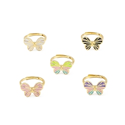 Mixed Color Enamel Butterfly Adjustable Ring, Real 18K Gold Plated Brass Jewelry for Women, Lead Free & Cadmium Free, Mixed Color, Inner Diameter: 17mm