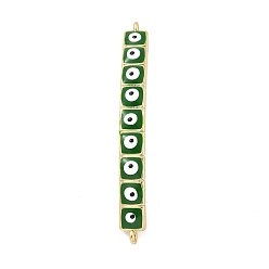 Green Rack Plating Brass Enamel Evil Eye Connector Charms, Rectangle Links, Real 18K Gold Plated, Long-Lasting Plated, Cadmium Free & Lead Free, Green, 38x4x6mm, Hole: 1mm and 1.2mm