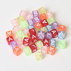 (52) Непрозрачная лаванда Прозрачные акриловые бусины, горизонтальное отверстие, куб с начальной буквой, разноцветные, 6x6x6 мм, отверстие : 3 мм, Около 3000 шт / 500 г