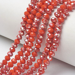 Orange Red Electroplate Opaque Solid Color Glass Beads Strands, Half Plated, Rainbow Plated, Faceted, Rondelle, Orange Red, 8x6mm, Hole: 1mm, about 65~68pcs/strand, 15.7~16.1 inch(40~41cm)