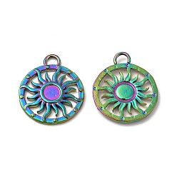Rainbow Color Ion Plating(IP) 304 Stainless Steel Pendant Cabochon Settings, Flat Round with Sun, Rainbow Color, Tray: 3mm, 15x12.5x1mm, Hole: 1.6mm