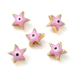 Pink Golden Tone Brass Enamel Beads, Cadmium Free & Lead Free, Long-Lasting Plated, Star with Evil Eye, Pink, 8x8x5mm, Hole: 1.4mm