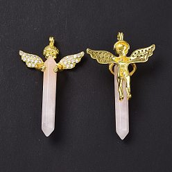 Rose Quartz Natural Rose Quartz Faceted Double Terminal Pointed Big Pendants, Angel Charms, with Golden Tone Brass Findings, 54~56x34~36x11~12mm, Hole: 3mm