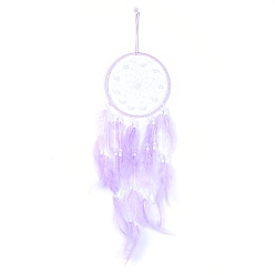 Lilac Woven Web/Net with Feather Wall Hanging Decorations, with Iron Ring, for Home Bedroom Decorations, Lilac, 500x150mm