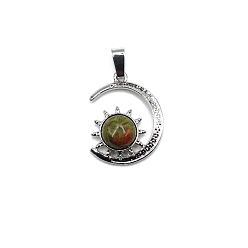 Unakite Natural Unakite Pendants, Antique Silver Plated Alloy Moon with Sun Charms, 28x22mm