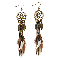 Antique Bronze Alloy Woven Net with Feather Long Dangle Earrings for Women, Antique Bronze, 100mm
