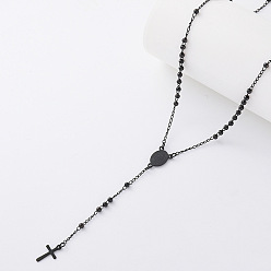 Negro Collares de rosario redondos de acero inoxidable vintage, Collares con colgante de cruz de la Virgen para mujer, negro, 304 pulgada (20.87 cm)