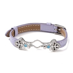 лаванда Регулируемый браслет из коровьей кожи для изготовления бусин, с фурнитурой в виде цветов из латуни, инкрустированной микрофиброй и синтетическим бирюзовым камнем, и застежками из нержавеющей стали., цвет нержавеющей стали, лаванда, пригодный для 304 мм бусы, 11 дюйм (9.61 см)
