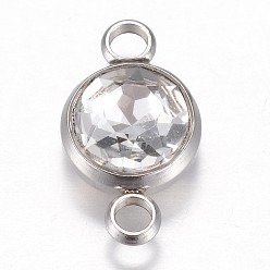 Crystal Glass Links connectors, Faceted, with 304 Stainless Steel Findings, Flat Round, Stainless Steel Color, Crystal, 17.5x10x6.5mm, Hole: 2.5mm