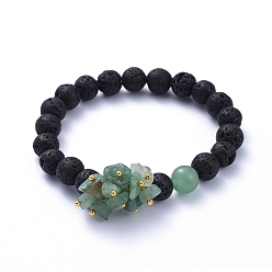 Green Aventurine Natural Lava Rock Round Beads Stretch Bracelets, with Natural Green Aventurine Chips and Brass Beads, Golden, Inner Diameter: 2 inch(5cm)