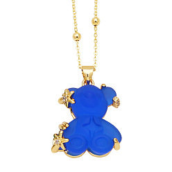 Blue Resin Pendant Necklaces, with Brass Micro Pave Cubic Zirconia Finding, Bear, Blue, 17.72 inch(45cm)