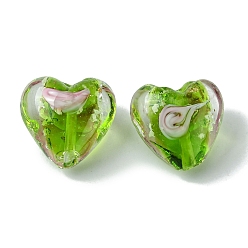 Lime Green Luminous Handmade Gold Sand Lampwork Beads, Glow in the Dark, Heart, Lime Green, 20.5x20.5x12mm, Hole: 1.6mm