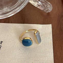 Rectangle Steel Blue Enamel Open Cuff Ring, Golden Brass Jewelry for Women, Rectangle Pattern, US Size 8(18.1mm)