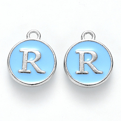 Letter R Platinum Plated Alloy Enamel Charms, Cadmium Free & Lead Free, Enamelled Sequins, Flat Round with Letter, Sky Blue, Letter.R, 14x12x2mm, Hole: 1.5mm