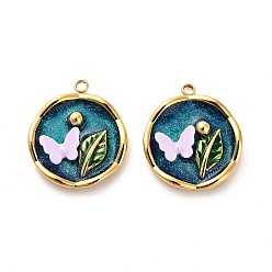 чирок 304 нержавеющей стальной эмали подвески, Со смолой и имитацией жемчуга, плоские круглые с бабочкой, ионное покрытие (ip), реальный 18 k позолоченный, зелено-синие, 22x19x5 мм, отверстие : 1.8 мм