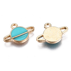 Dark Turquoise Alloy Enamel Pendants, Planet, Universe Space Charms, Light Gold, Dark Turquoise, 12x16.5x3mm, Hole: 1.6mm